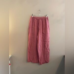 Winter Sun Linen Pants Pink Rose with Ruffle Ankle and Drawstring Waist